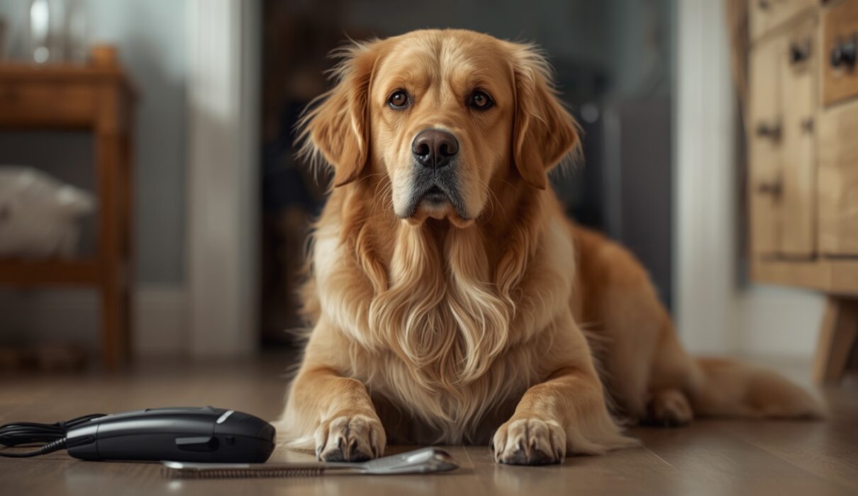 Golden retriever lying near grooming clippers and brush, showing alert and anxious behavior around grooming tools at home.
