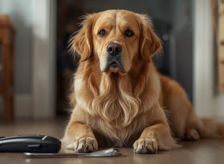 Golden retriever lying near grooming clippers and brush, showing alert and anxious behavior around grooming tools at home.