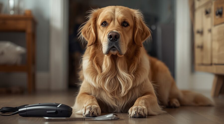 Golden retriever lying near grooming clippers and brush, showing alert and anxious behavior around grooming tools at home.
