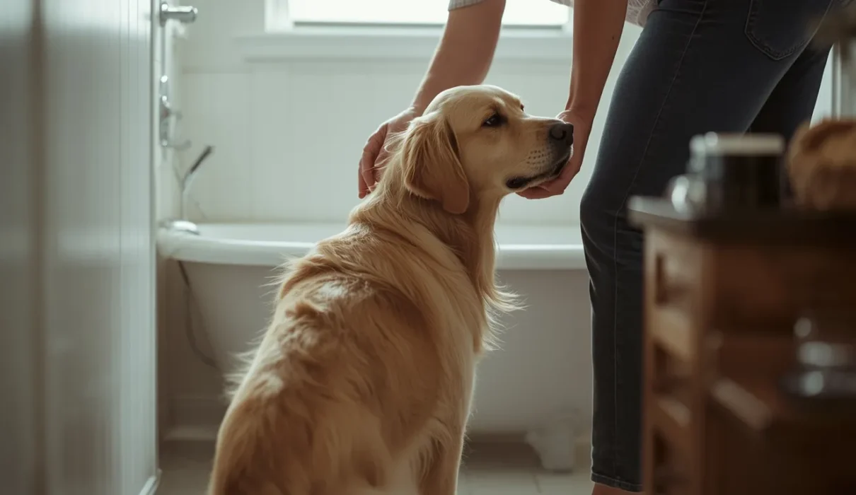 Golden retriever standing near a bathtub while owner gently reassures it, showing early signs of dog anxiety before bath time.