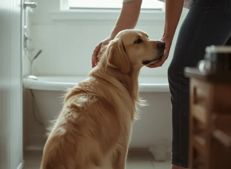 Golden retriever standing near a bathtub while owner gently reassures it, showing early signs of dog anxiety before bath time.