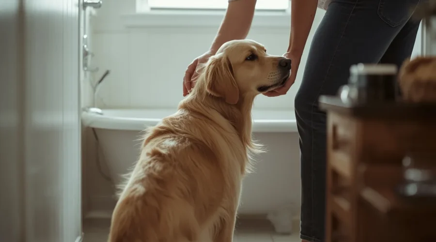 Golden retriever standing near a bathtub while owner gently reassures it, showing early signs of dog anxiety before bath time.