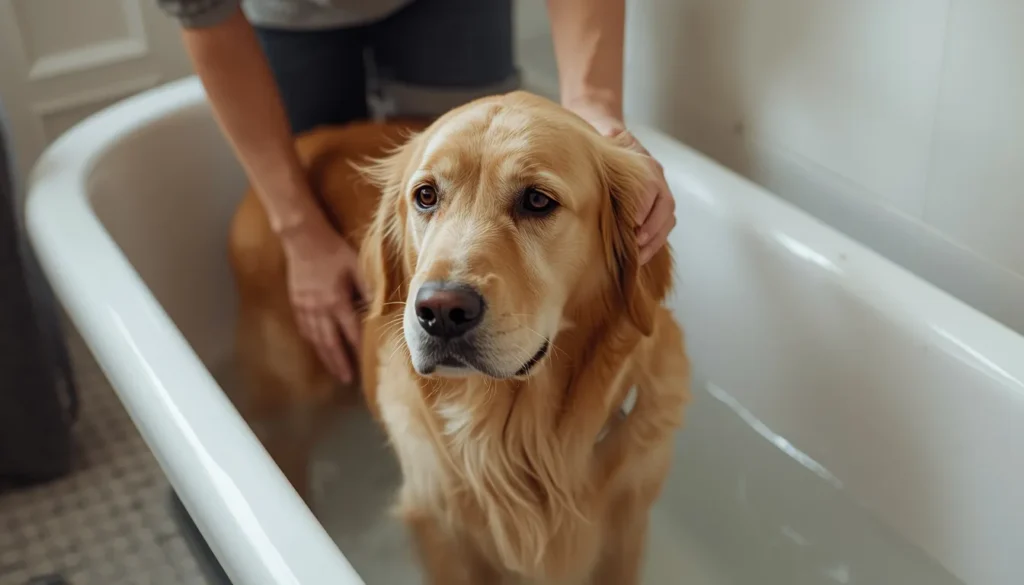 Golden retriever standing inside a bathtub while owner gently supports it, showing a calm but slightly alert dog during bath time.