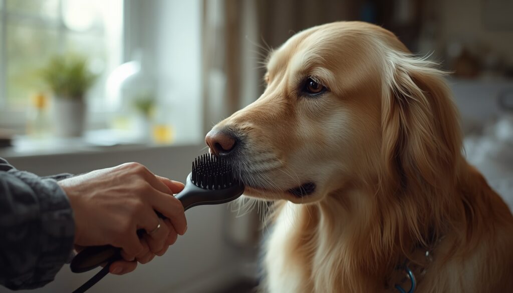 Golden retriever calmly sniffing a grooming brush while owner gently introduces the tool in a relaxed home environment.