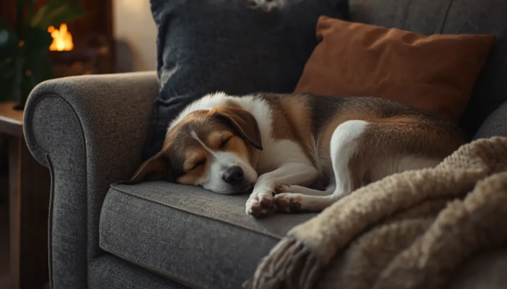 A realistic pet dog sleeping comfortably in a soft dog bed indoors near natural daylight, representing healthy dog sleep habits and daily rest.