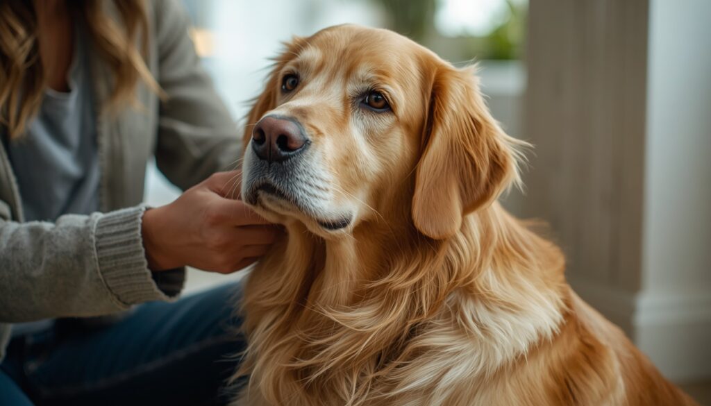 Golden retriever sitting calmly while owner gently handles and comforts it during a grooming session indoors.