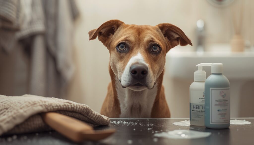A nervous-looking dog standing near grooming supplies in a bathroom setting with soft indoor lighting.
