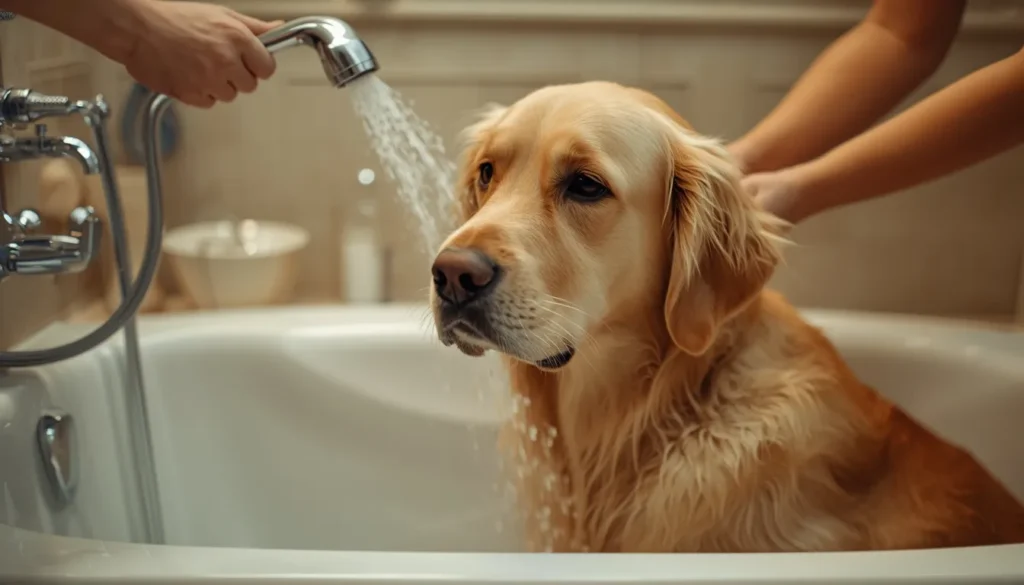 Golden retriever being gently rinsed with a handheld shower, showing a calm and controlled bath experience for an anxious dog.