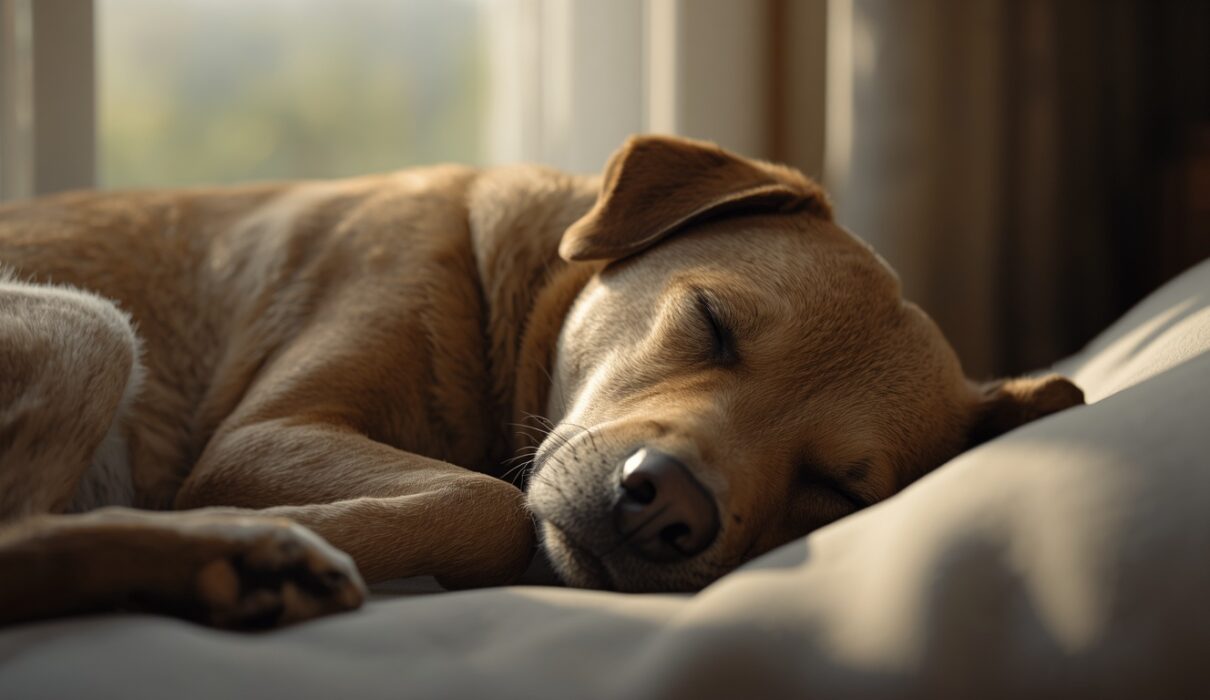 A realistic pet dog sleeping peacefully indoors on a soft bed near natural daylight, showing a calm and relaxed resting posture.