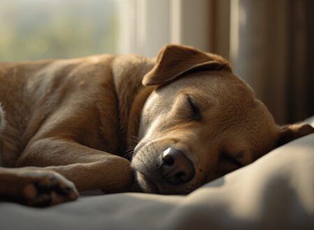 A realistic pet dog sleeping peacefully indoors on a soft bed near natural daylight, showing a calm and relaxed resting posture.