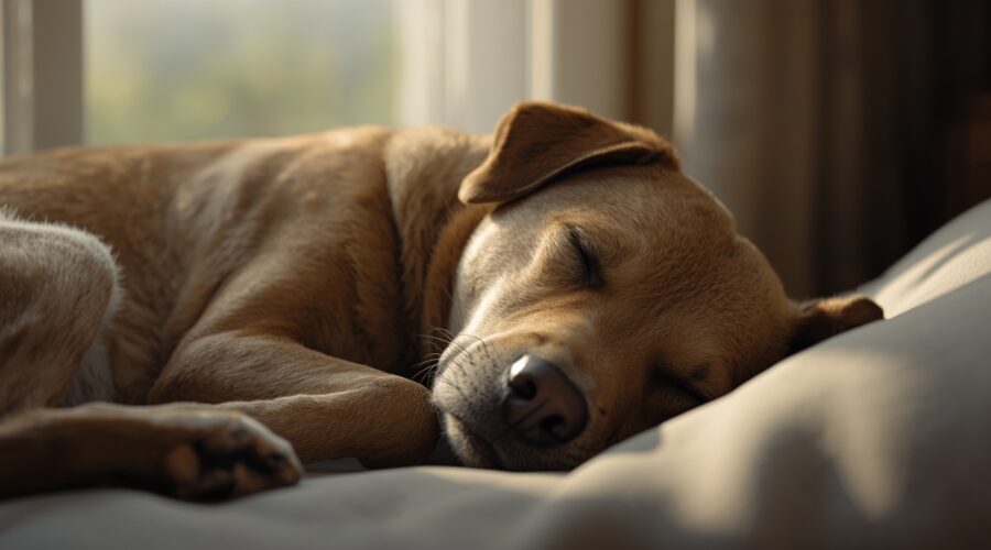 A realistic pet dog sleeping peacefully indoors on a soft bed near natural daylight, showing a calm and relaxed resting posture.