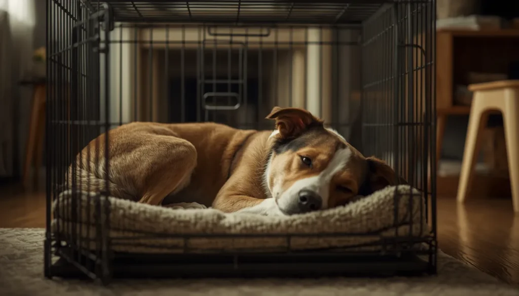 A realistic pet dog lying quietly inside a cozy crate with soft bedding in a warm indoor home environment.