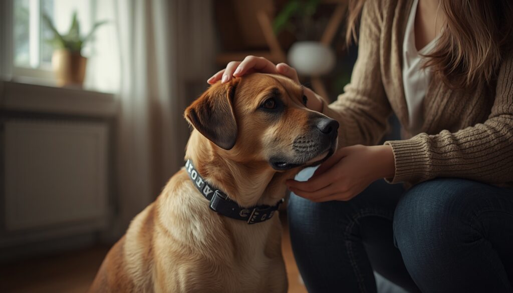 A pet owner gently comforting and bonding with a calm dog indoors in a peaceful home setting.