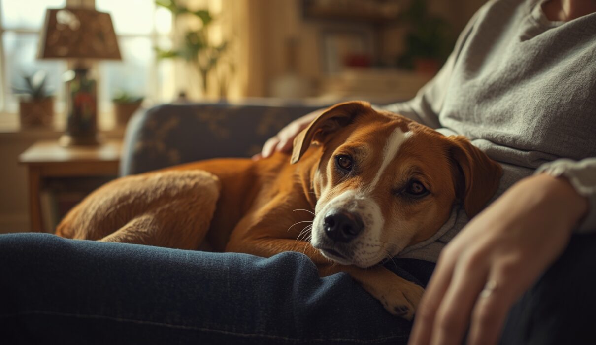 A calm pet dog comfortably laying across its owner’s lap on a couch in a cozy home setting.