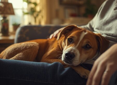 A calm pet dog comfortably laying across its owner’s lap on a couch in a cozy home setting.