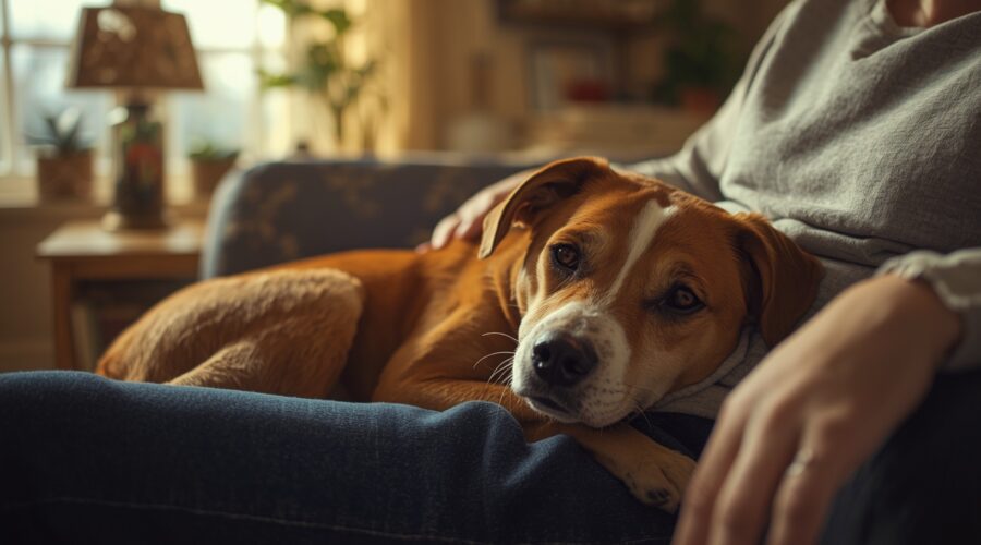 A calm pet dog comfortably laying across its owner’s lap on a couch in a cozy home setting.