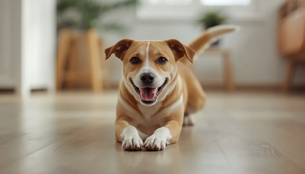 A happy pet dog doing a playful stretch pose indoors with front legs extended and tail raised in a cozy home setting.