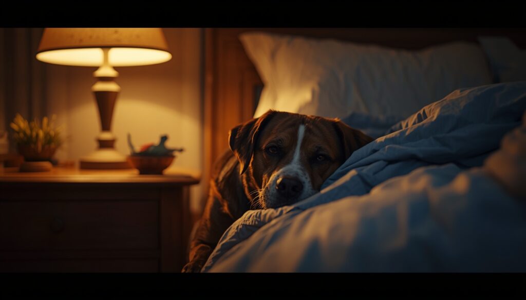 A calm dog resting near a bed at night in a cozy bedroom with warm bedside lighting.