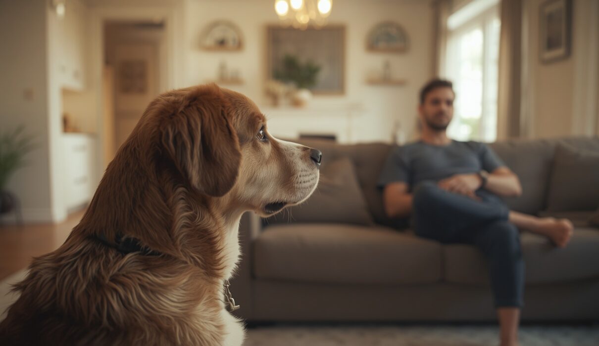 A pet dog quietly staring at its owner in a cozy living room with warm indoor lighting.