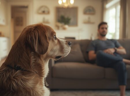 A pet dog quietly staring at its owner in a cozy living room with warm indoor lighting.