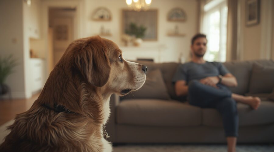 A pet dog quietly staring at its owner in a cozy living room with warm indoor lighting.