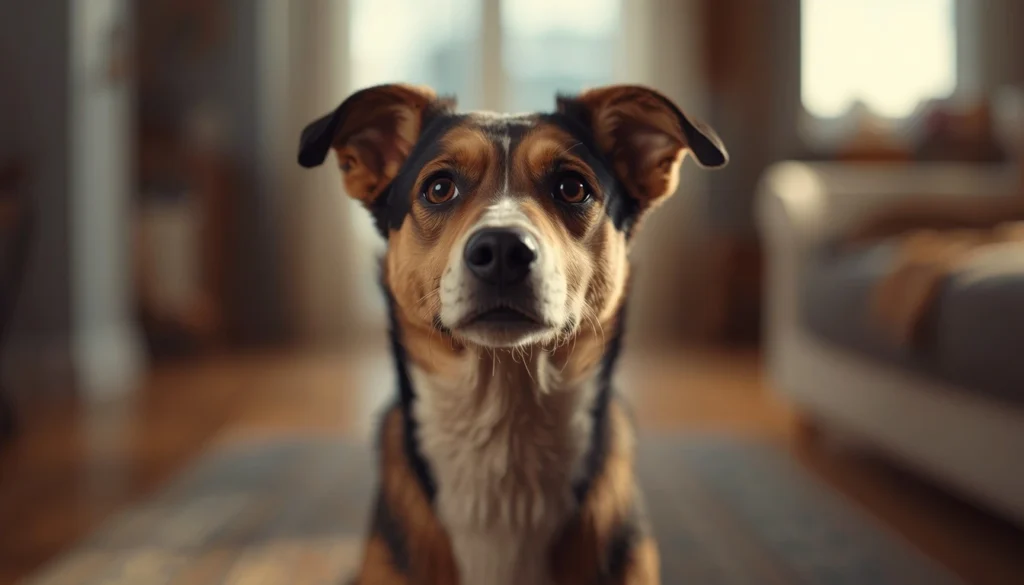 Close-up of an alert dog indoors for a blog about dog head shaking, possible ear problems, allergies, and warning signs.