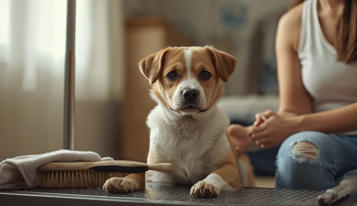 An anxious dog sitting beside grooming tools and a towel in a calm indoor home environment with a pet owner nearby.