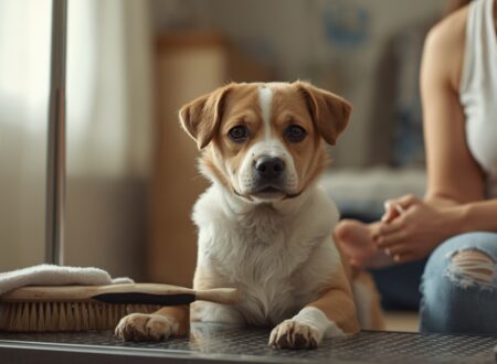 An anxious dog sitting beside grooming tools and a towel in a calm indoor home environment with a pet owner nearby.
