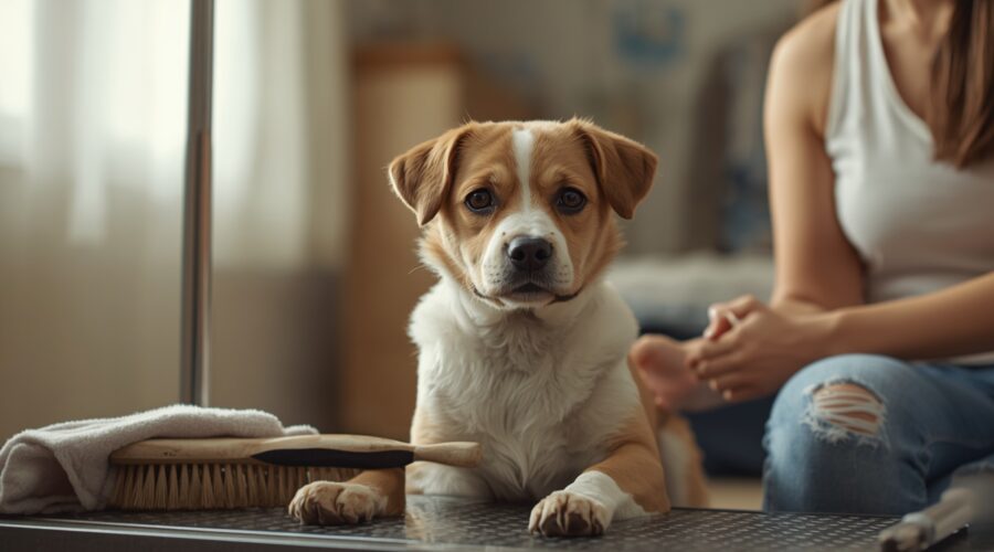 An anxious dog sitting beside grooming tools and a towel in a calm indoor home environment with a pet owner nearby.