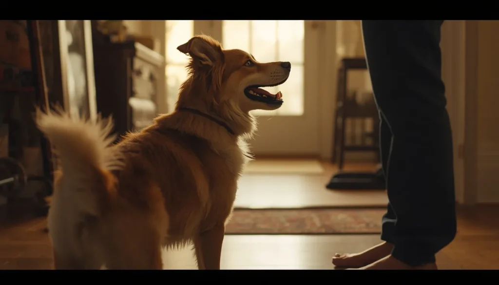 A realistic pet dog sitting attentively and emotionally focused on a familiar person indoors, showing recognition and emotional connection in a cozy home environment.