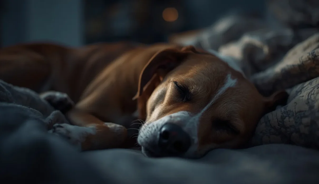 A realistic pet dog peacefully sleeping on a cozy dog bed indoors at night, showing calm sleep behavior in a warm and comfortable home setting.