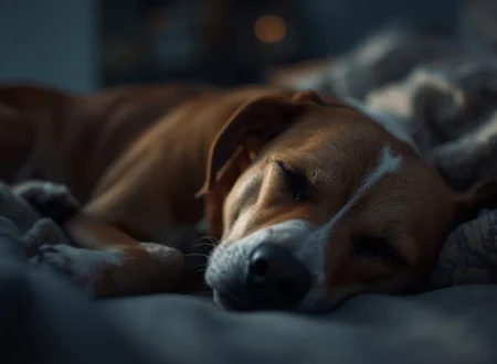 A realistic pet dog peacefully sleeping on a cozy dog bed indoors at night, showing calm sleep behavior in a warm and comfortable home setting.