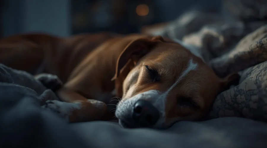 A realistic pet dog peacefully sleeping on a cozy dog bed indoors at night, showing calm sleep behavior in a warm and comfortable home setting.