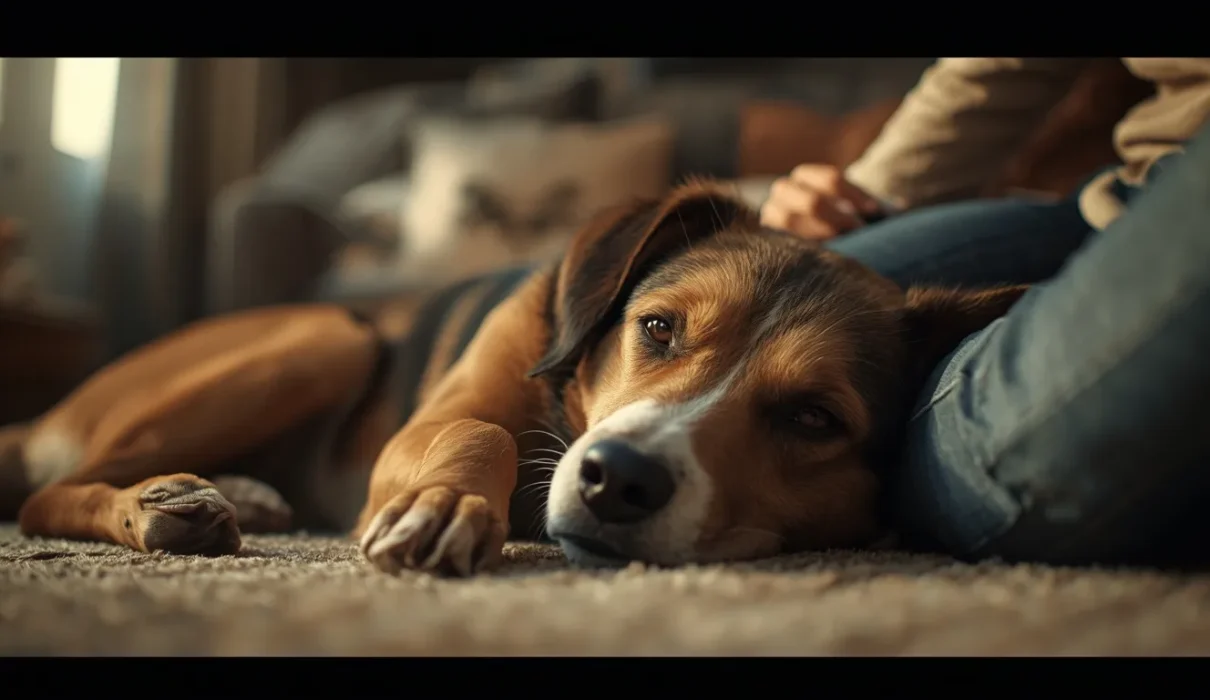 A realistic pet dog peacefully resting close to its owner indoors, showing trust, comfort, and emotional bonding in a warm cozy home setting.