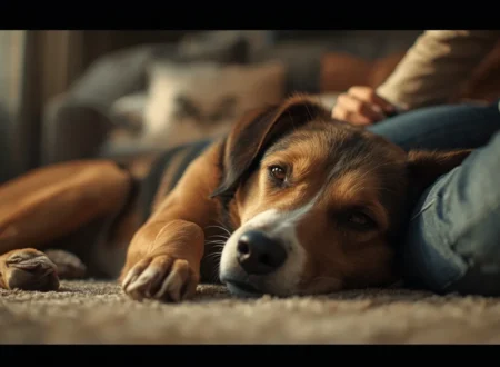 A realistic pet dog peacefully resting close to its owner indoors, showing trust, comfort, and emotional bonding in a warm cozy home setting.