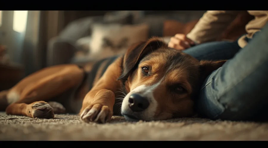 A realistic pet dog peacefully resting close to its owner indoors, showing trust, comfort, and emotional bonding in a warm cozy home setting.