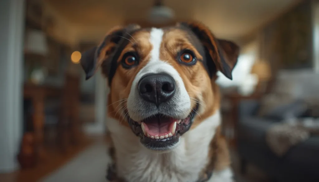 A realistic close-up of a pet dog indoors with its mouth slightly open, showing teeth and facial expression in a cozy home environment related to bad breath in dogs.