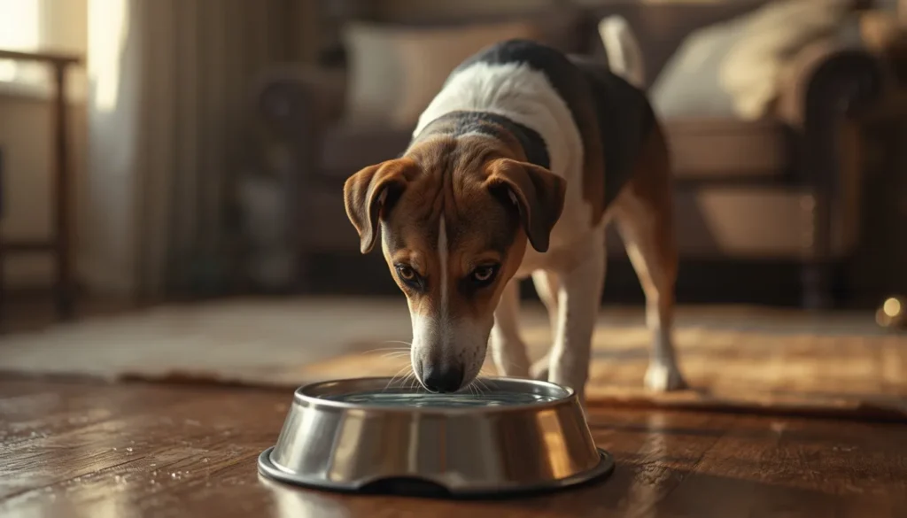 A realistic pet dog standing indoors and drinking from a water bowl in warm natural lighting, representing increased water intake in dogs.