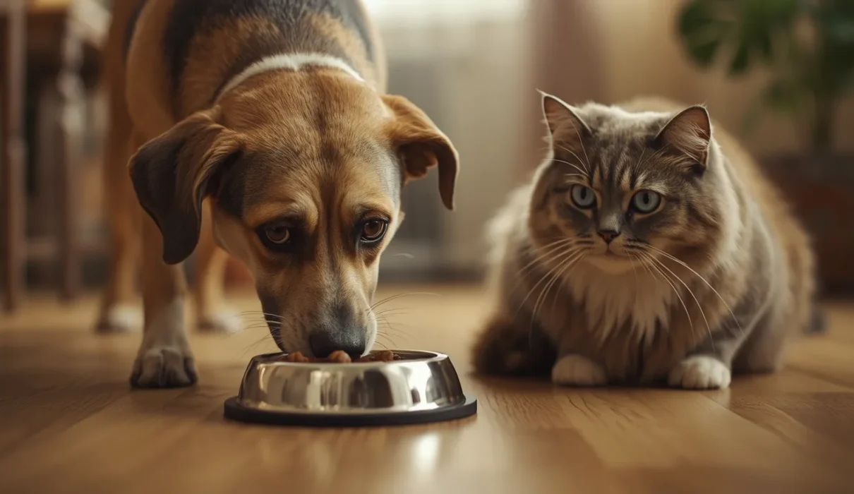 A realistic pet dog eating from a cat food bowl indoors while a cat sits nearby, showing a common pet behavior in a cozy home environment.