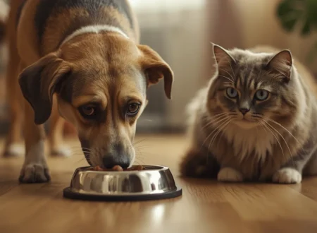 A realistic pet dog eating from a cat food bowl indoors while a cat sits nearby, showing a common pet behavior in a cozy home environment.