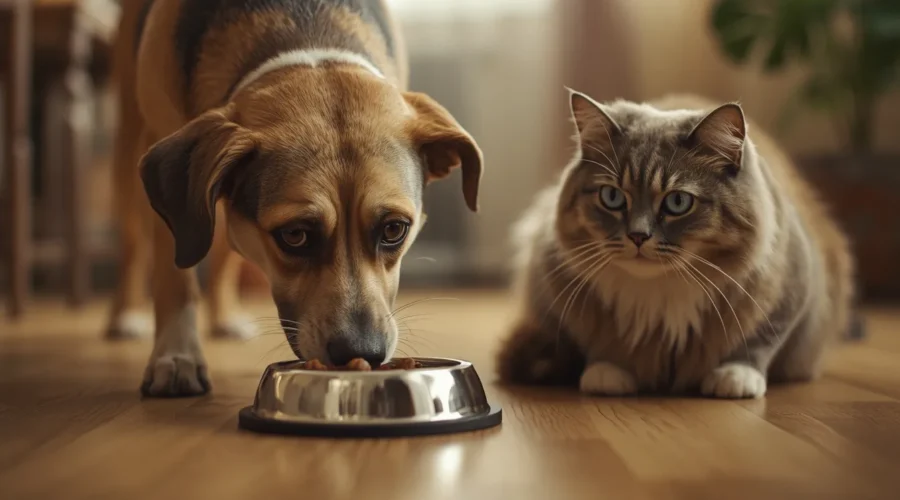 A realistic pet dog eating from a cat food bowl indoors while a cat sits nearby, showing a common pet behavior in a cozy home environment.