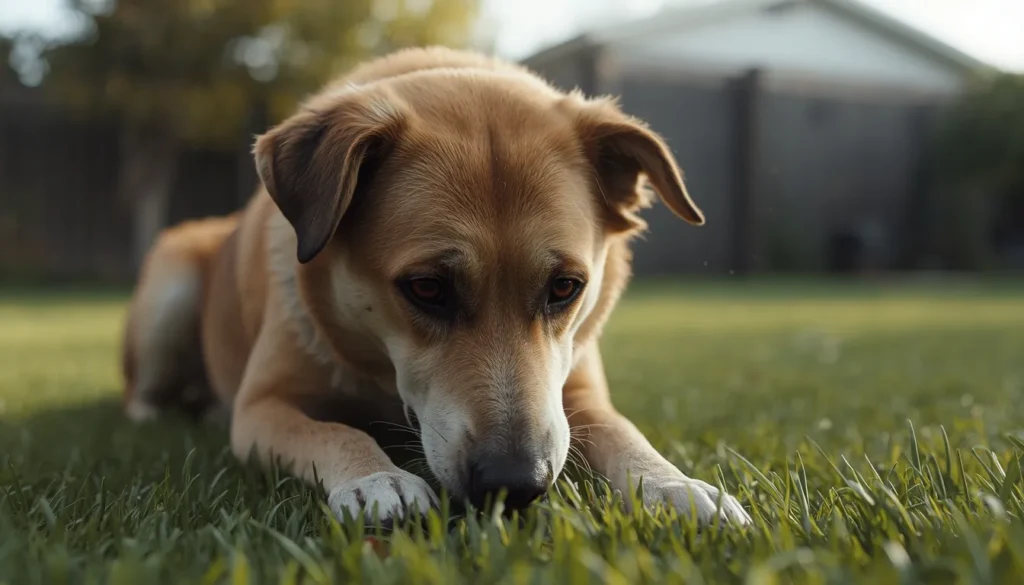 A realistic pet dog closely sniffing and nibbling grass outdoors in a backyard, showing curious natural behavior in a calm outdoor setting.