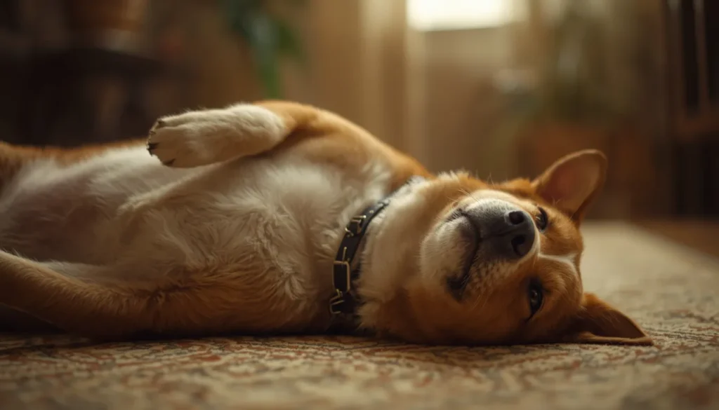 A realistic pet dog relaxing on its back indoors with belly exposed, displaying calm body language in a warm and cozy environment.