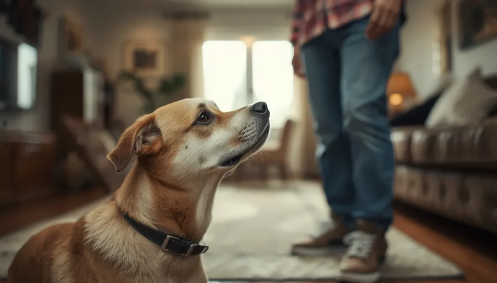 A realistic pet dog curiously approaching and sniffing a person indoors during a home visit, showing natural greeting behavior in a warm home environment.