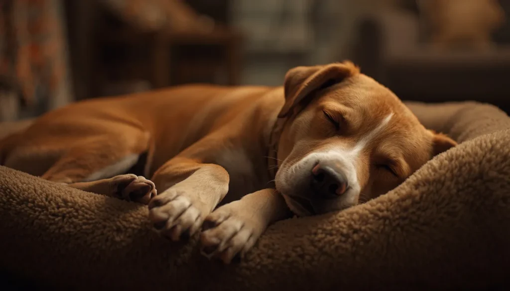 A realistic pet dog sleeping peacefully indoors during nighttime with a calm emotional atmosphere, showing natural sleep behavior in a cozy home setting.