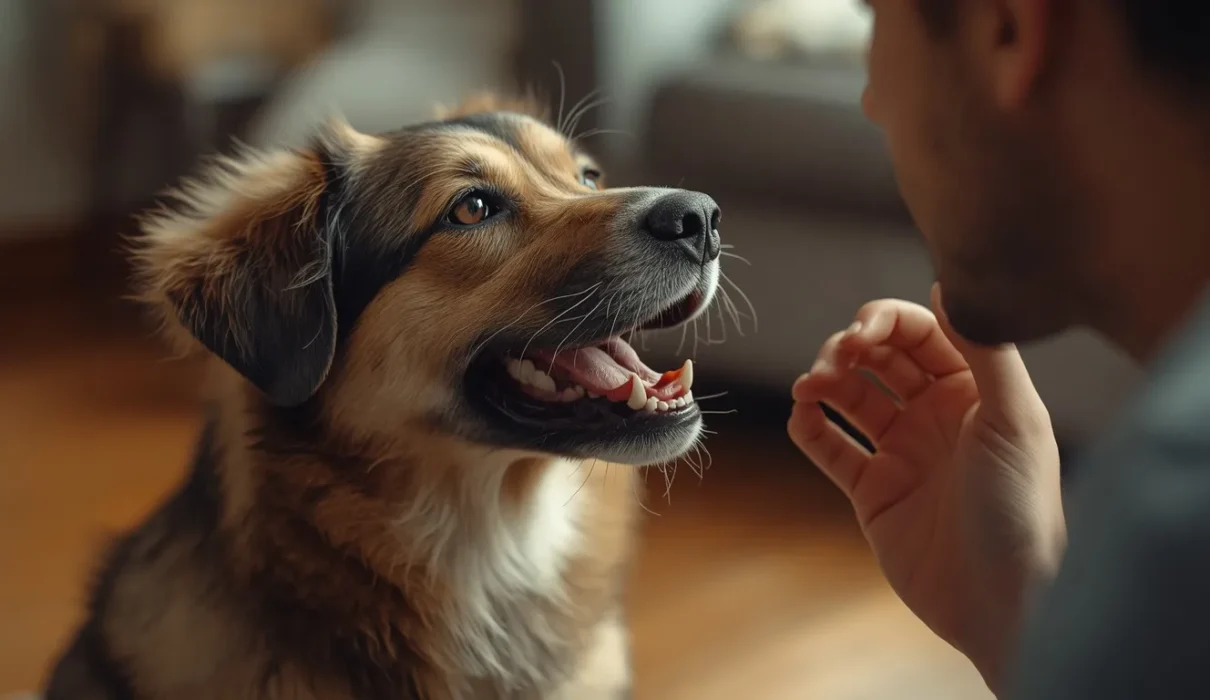 A realistic pet dog indoors with its mouth slightly open while interacting closely with its owner, showing a caring pet moment related to dog mouth odor and oral health.