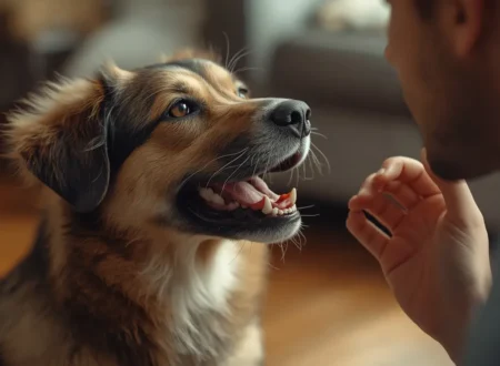 A realistic pet dog indoors with its mouth slightly open while interacting closely with its owner, showing a caring pet moment related to dog mouth odor and oral health.
