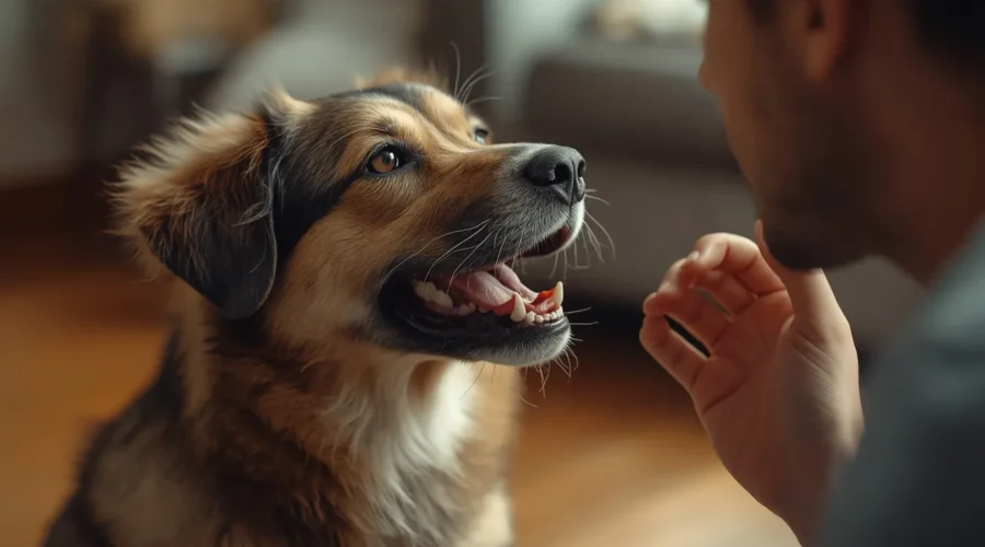 A realistic pet dog indoors with its mouth slightly open while interacting closely with its owner, showing a caring pet moment related to dog mouth odor and oral health.