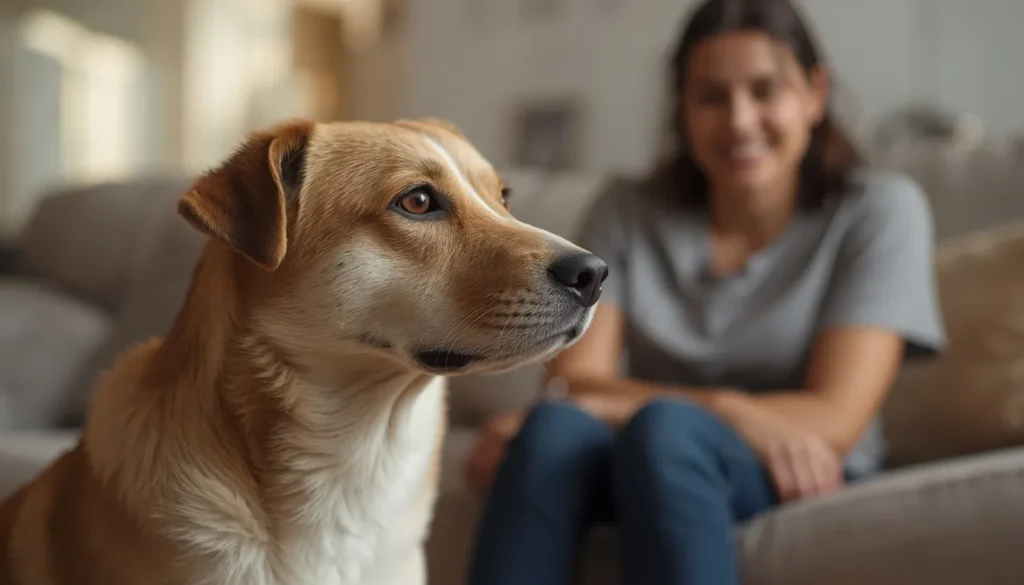A realistic pet dog sitting calmly indoors while looking attentive near its owner, showing emotional connection, trust, and companionship in a cozy home environment.