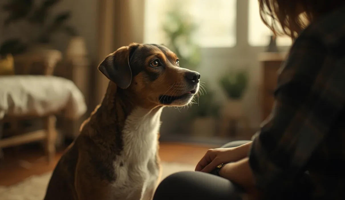A realistic pet dog happily recognizing a familiar person indoors, showing excited and affectionate body language in a warm home setting.